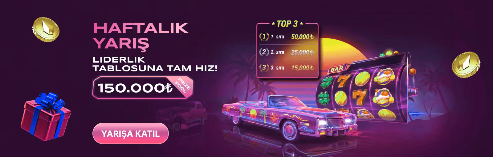 Haftalık Yarış afişi: neon araba, slot makinesi ve TOP 3 ödül tablosu
