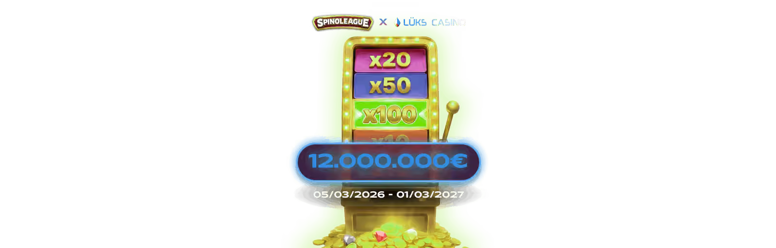Spinoleague yazısı, x20 x50 x100 çarpanlı makara ve altın sandık