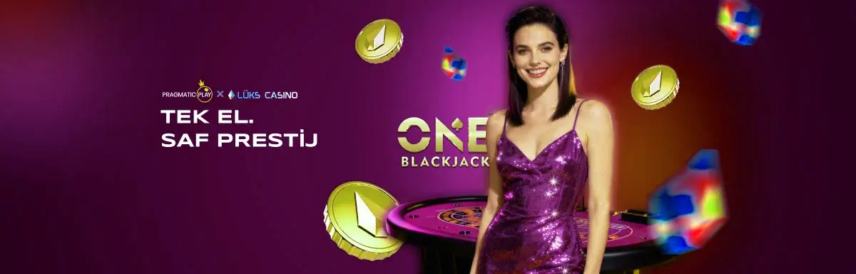 Pragmatic Play Tek El, Saf Prestij afişi: ONE Blackjack masası ve sunucu
