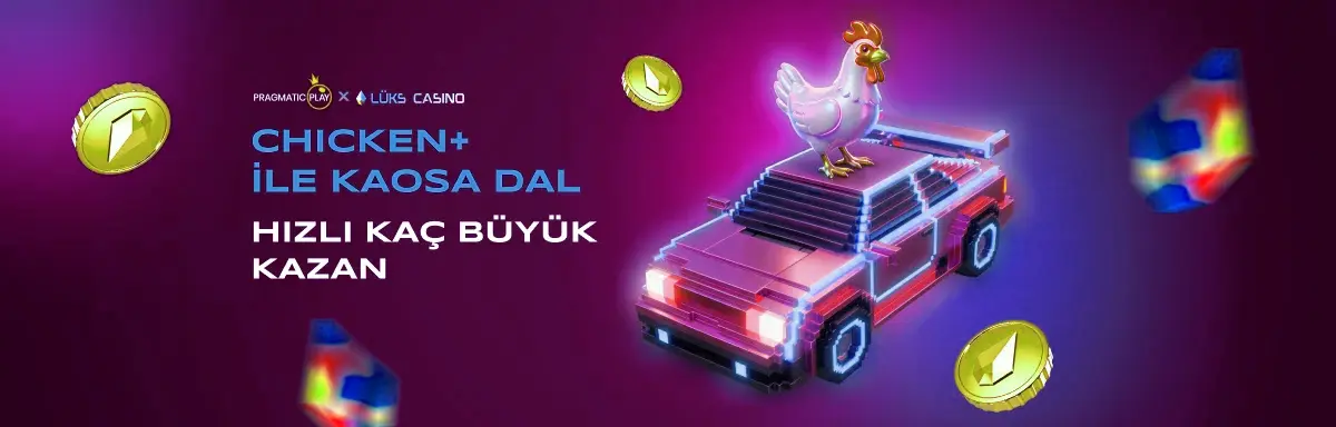 Pragmatic Play Chicken+ afişi: neon araba üstünde tavuk