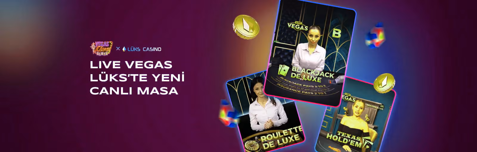 Live Vegas yeni canlı masa afişi: blackjack ve rulet oyun kartları