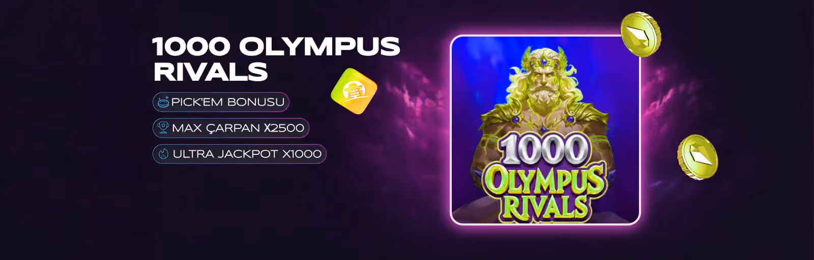 1000 Olympus Rivals afişi: oyun kartı ve altın jetonlar