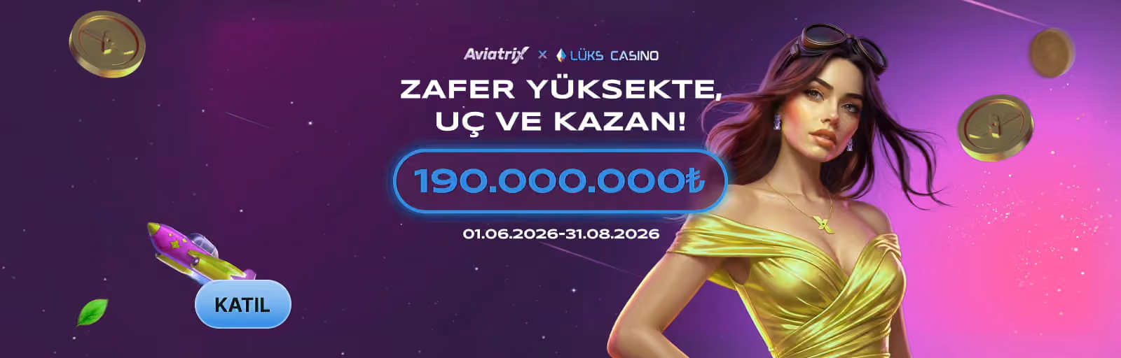 Aviatrix Zafer Yüksekte, Uç ve Kazan afişi: altın elbiseli kadın ve roket