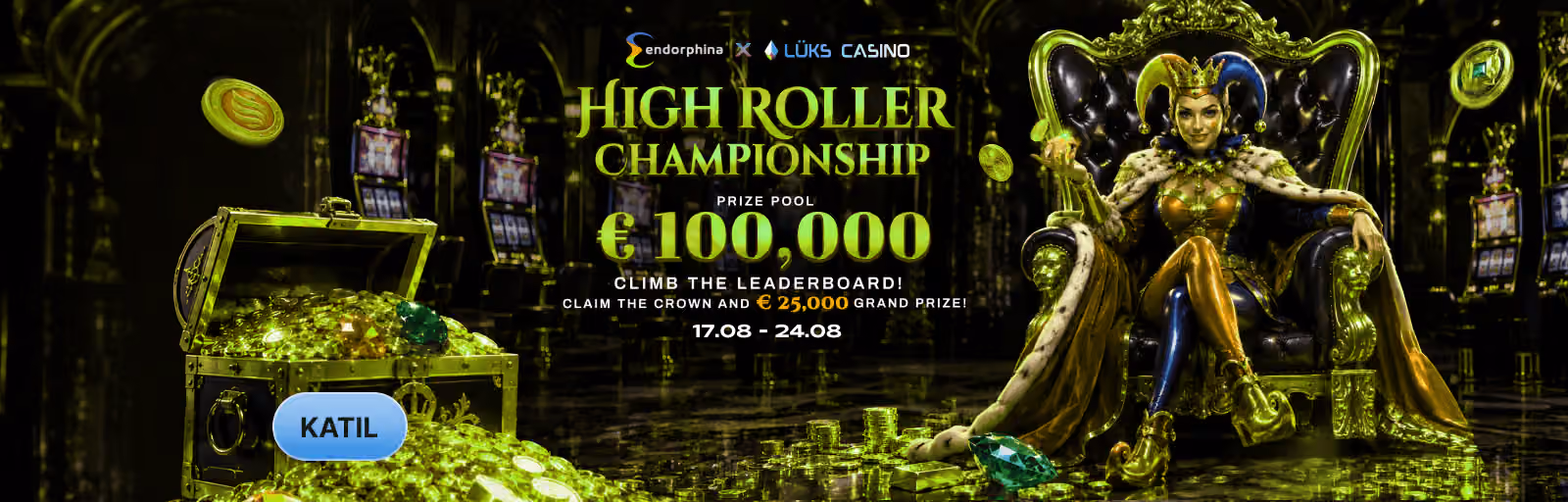 Endorphina High Roller Championship afişi: tahtta oturan kraliçe ve altın sandık