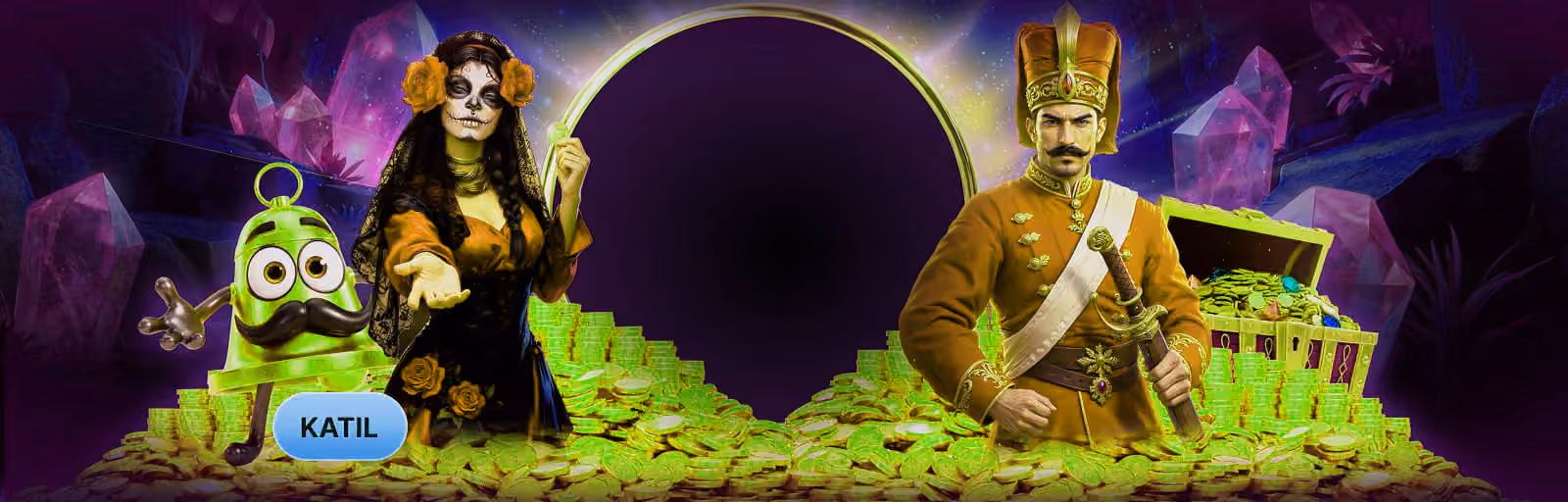 Altın yığınları üzerinde duran slot oyunu karakterleri