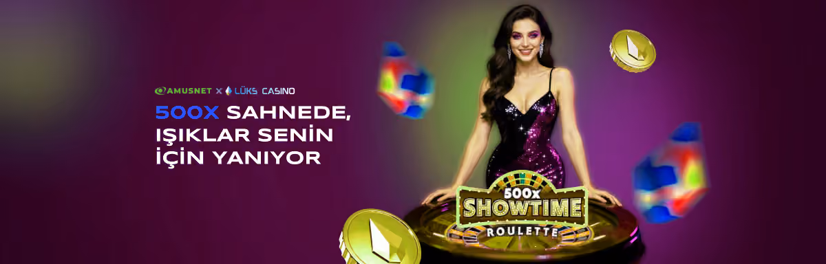 Amusnet 500x Sahnede afişi: Showtime Roulette masası ve sunucu