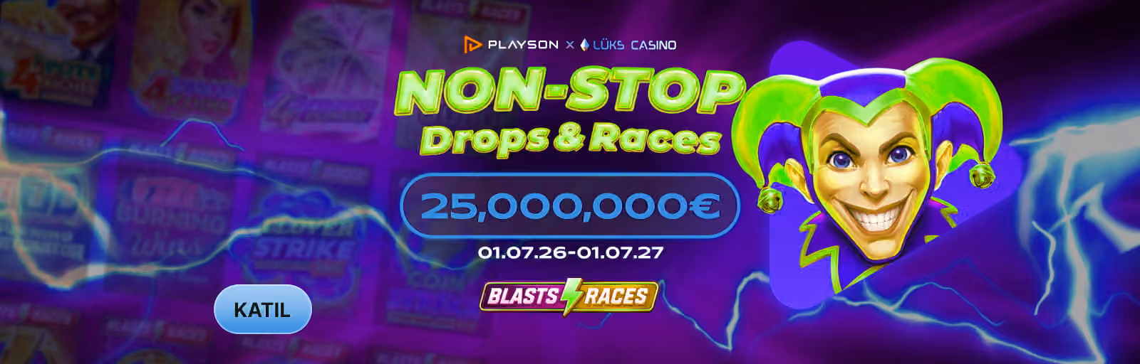 Playson Non-Stop Drops and Races afişi: gülen joker ve slot makineleri